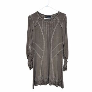 Gretty Zueger Taupe gray Lace-Trim Long Sleeve tunic short Dress size medium
